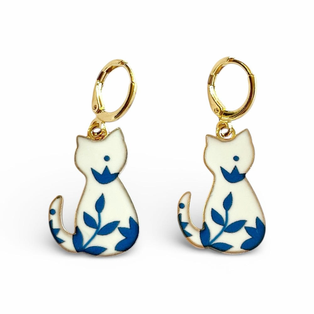 Blue White Cat Earrings Kitty Gold Huggies Hoops Dangle